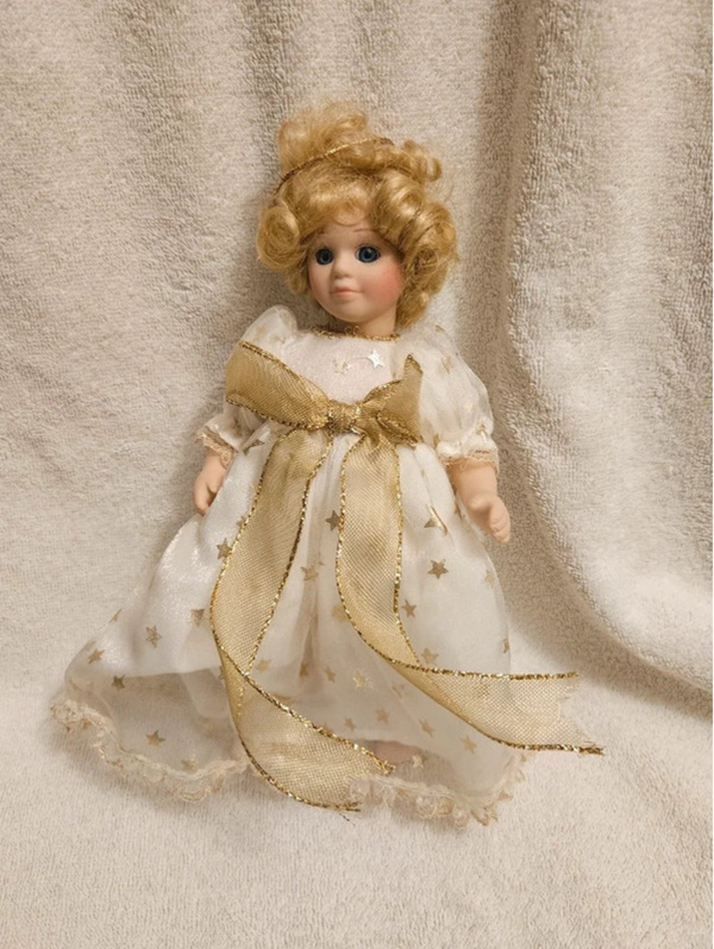 Vintage Heritage Mint Porcelain Doll 9" White Gold Star Dress Holiday Angel